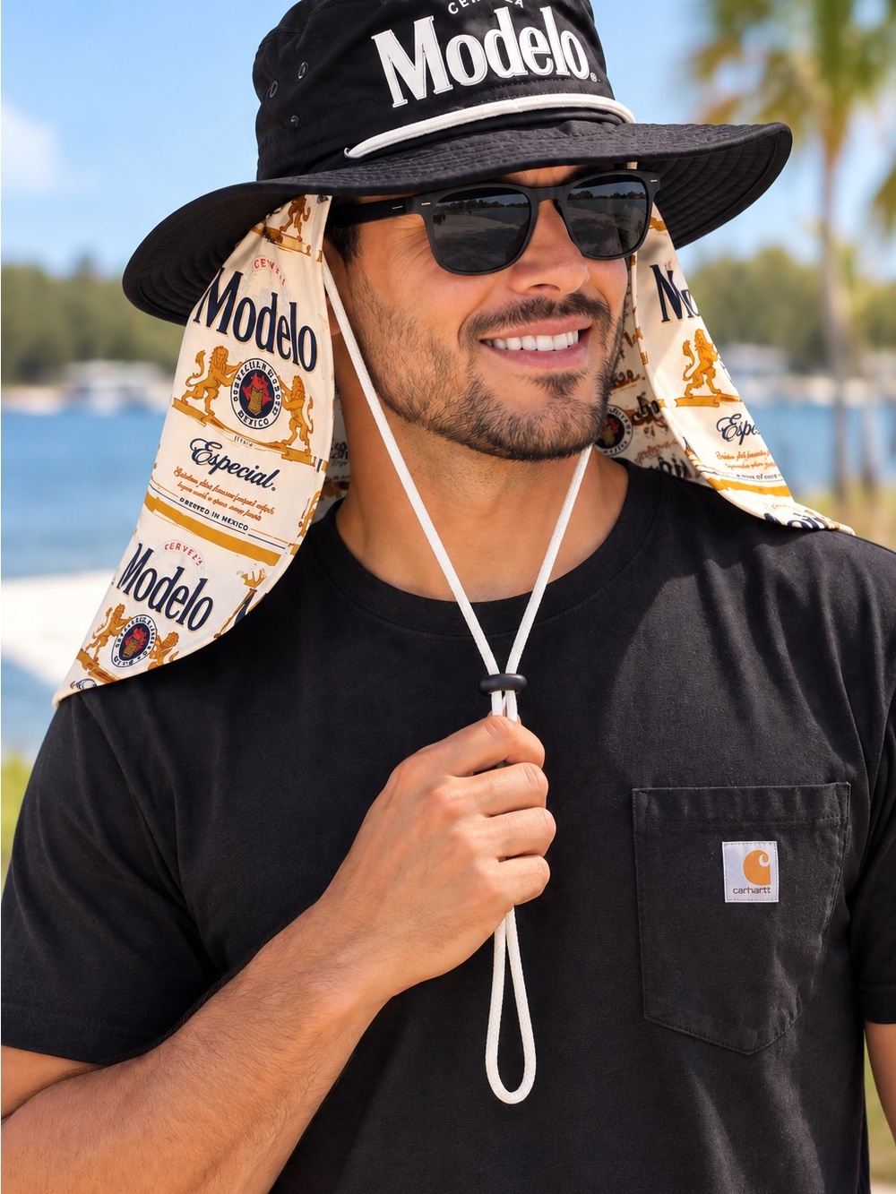 ModelCo Black Bucket Hat with Printed Beige Neck Flap